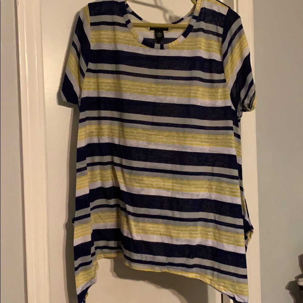 Gray blue yellow and white striped shark bite top